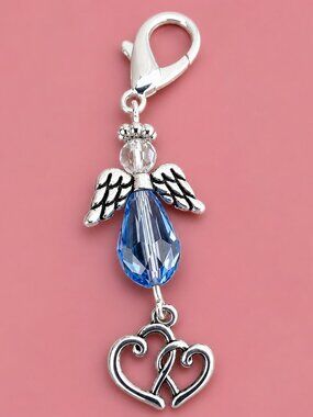 Handmade Angel Clip Charm • Blue Crystal Bead • Bag & Keychain Accessory